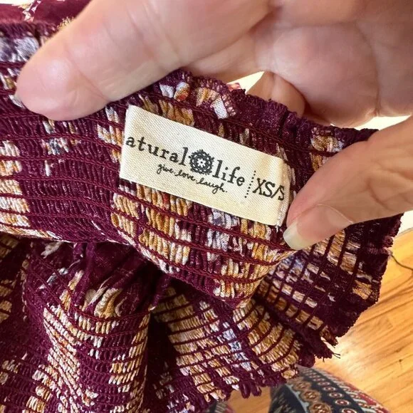 Natural Life Meadow Maroon Gold Tan Floral Smocked Waist Midi Skirt XS / S - Picture 10 of 13